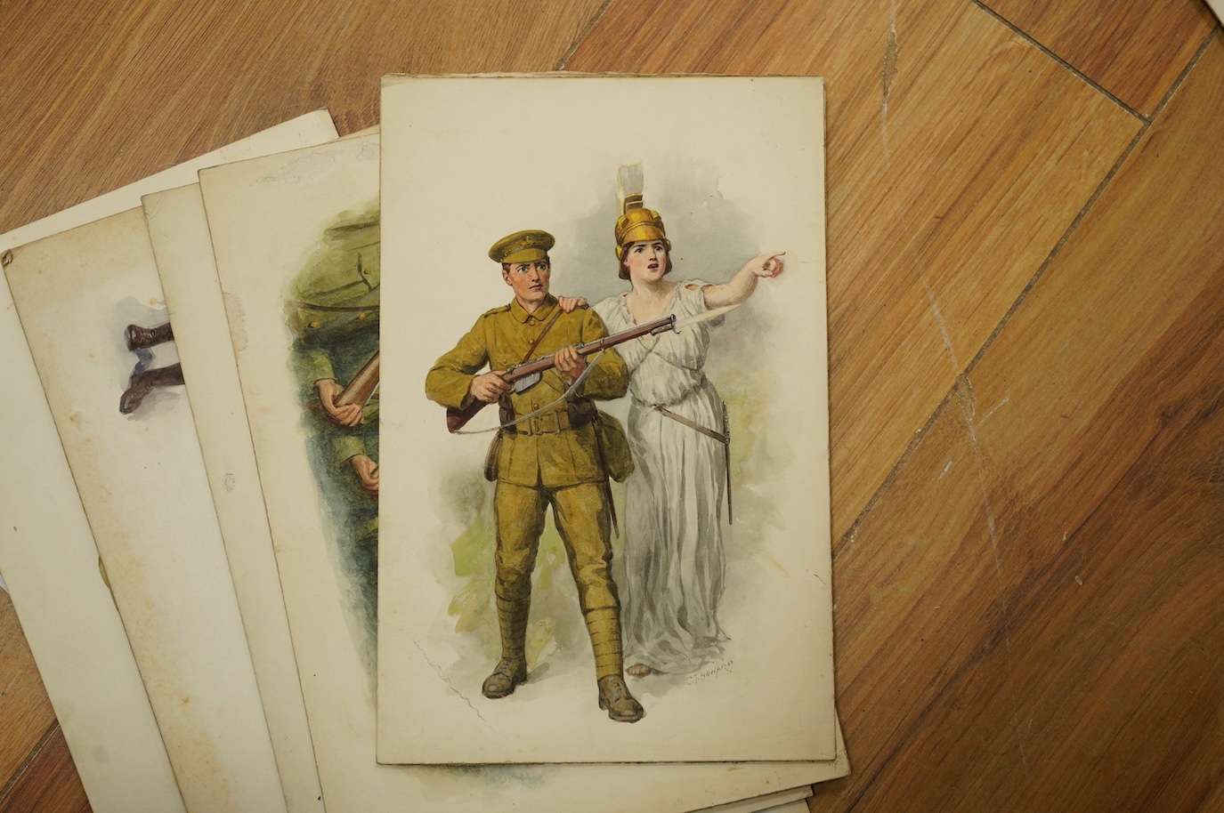 Charles Thomas Howard (1865–1942), eight original WWI watercolours for patriotic postcard designs to include ‘Soldiers of the Allied Nations’ and ‘Britannia and Solider’ unframed, some signed, 17 x 25cm. Condition - fair